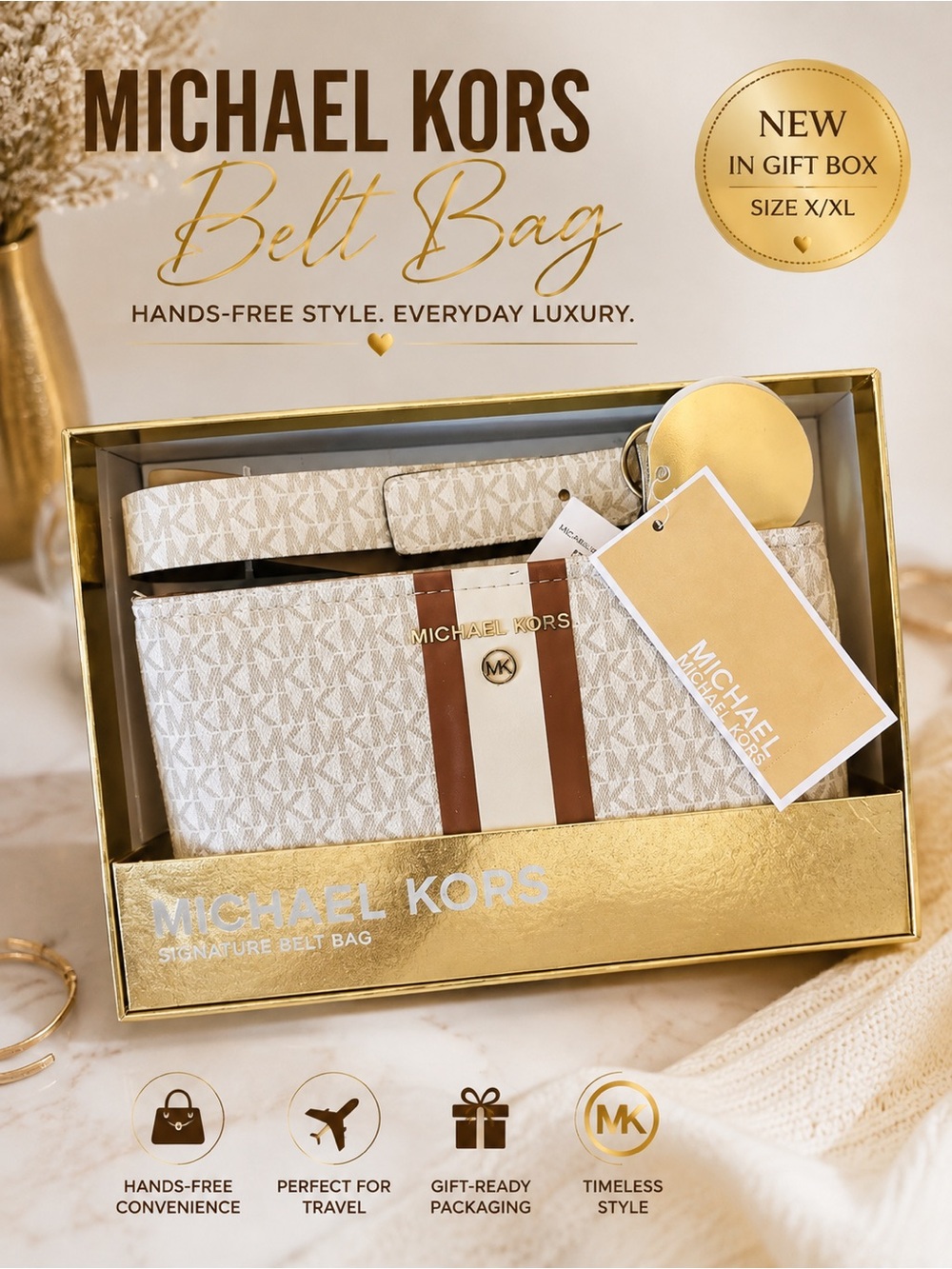 Michael Kors Belt Bag in Vanilla with Gold Accents‎ New In Gift Box Size X/XL
